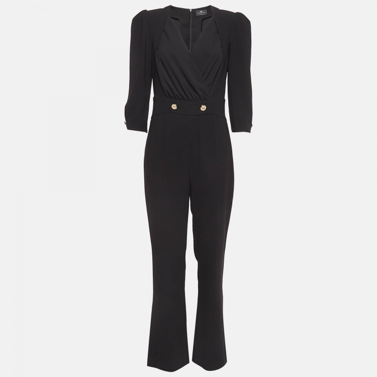 Pre Owned Elisabetta Franchi Black Crepe V Neck Puff Sleeves Jumpsuit L