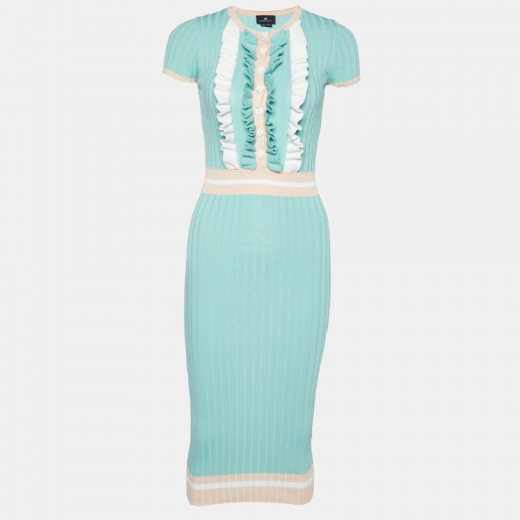Pre Owned Elisabetta Franchi Green Rib Knit Frilled Midi Dress S