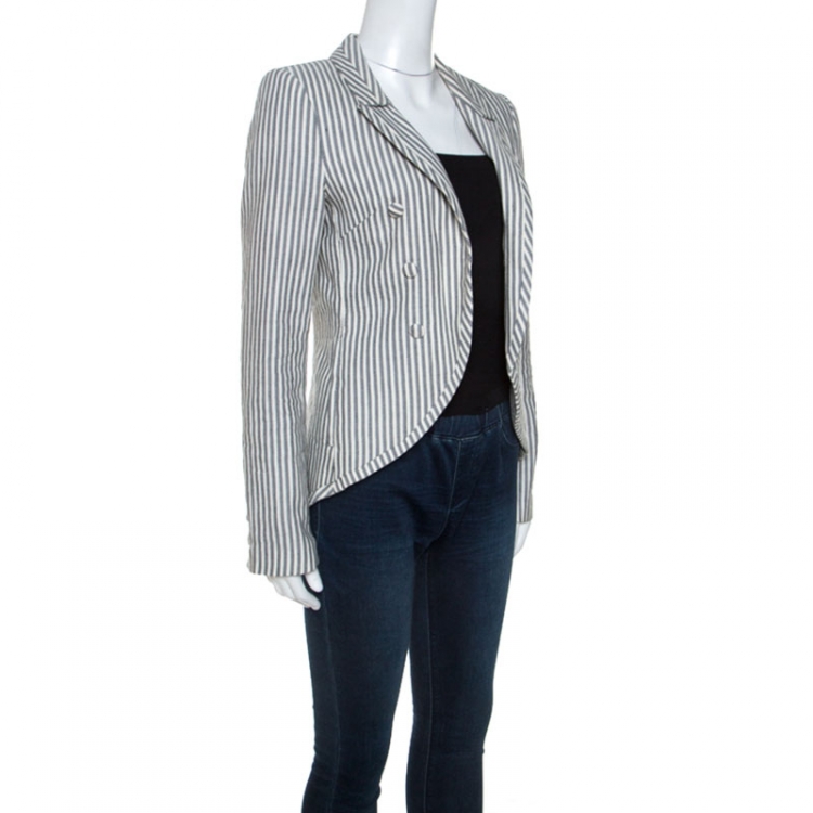Pre Owned Elizabeth & James Monochrome Arrow Striped Linen and Cotton Blazer S