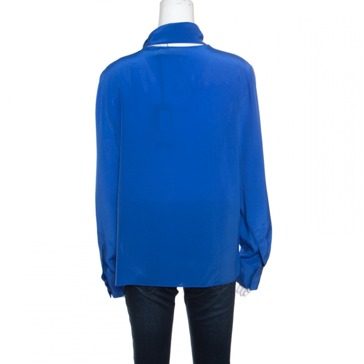 Pre Owned Emanuel Ungaro Royal Blue Silk Draped Neckline Detail Long Sleeve Blouse L
