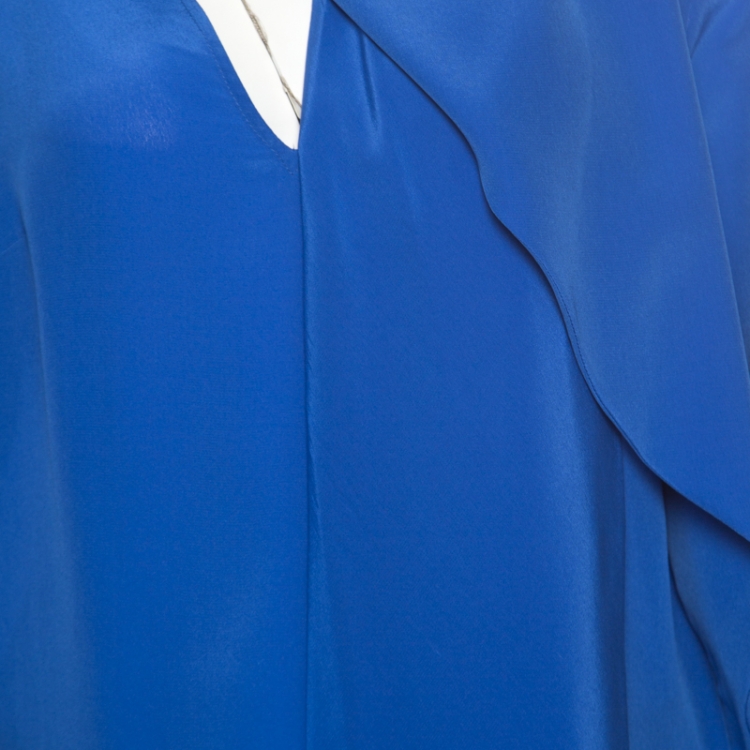 Pre Owned Emanuel Ungaro Royal Blue Silk Draped Neckline Detail Long Sleeve Blouse L