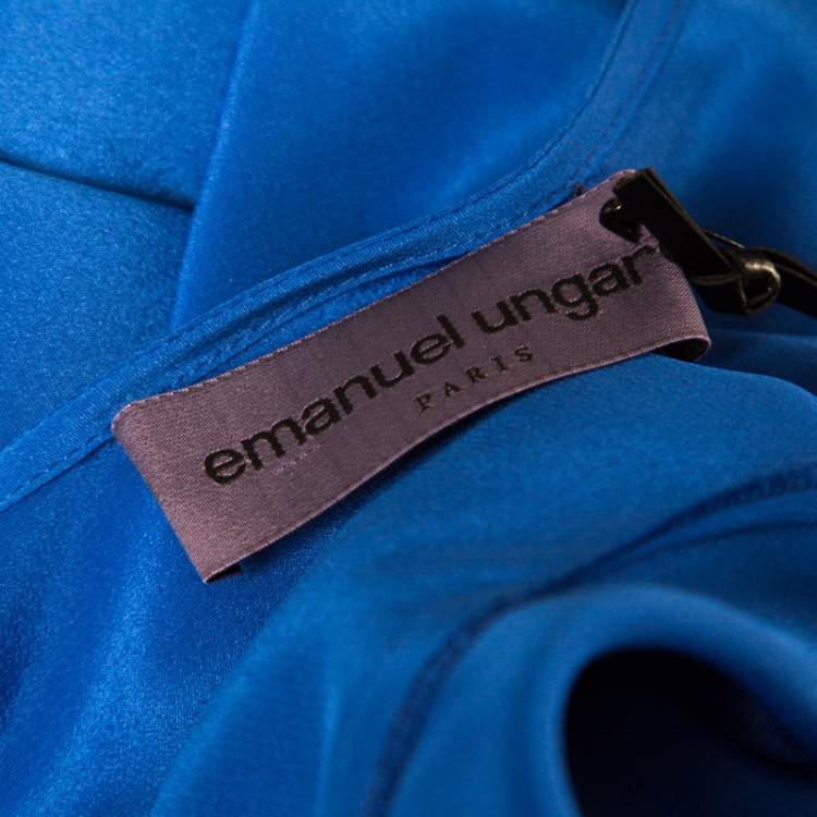 Pre Owned Emanuel Ungaro Royal Blue Silk Draped Neckline Detail Long Sleeve Blouse L
