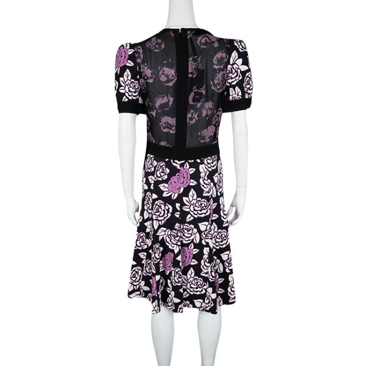 مملوكة مسبقًا Emanuel Ungaro Black Floral Print Sheer Back Detail Short Sleeve Dress M