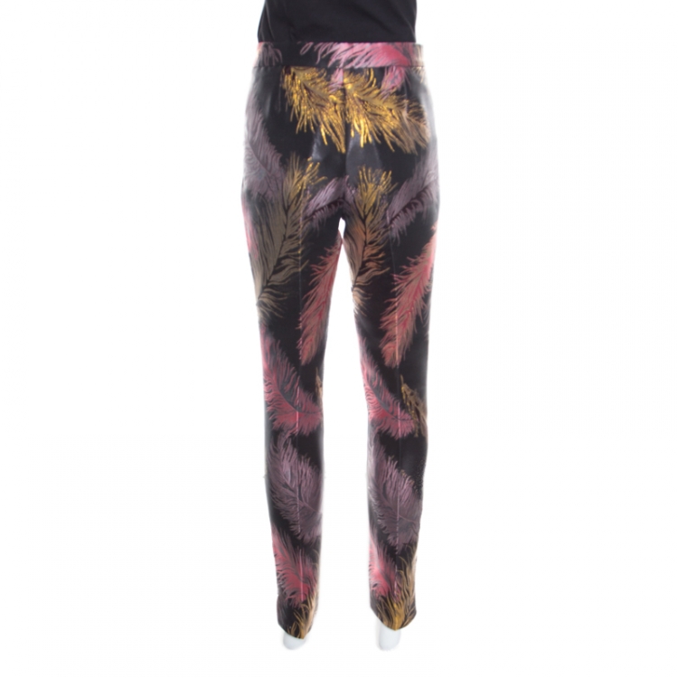 Pre Owned Emilio Pucci Black Feather Patterned Jacquard Pants M