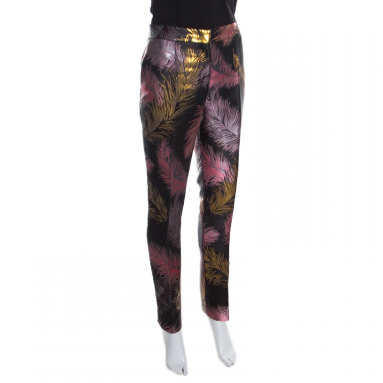 Pre Owned Emilio Pucci Black Feather Patterned Jacquard Pants M