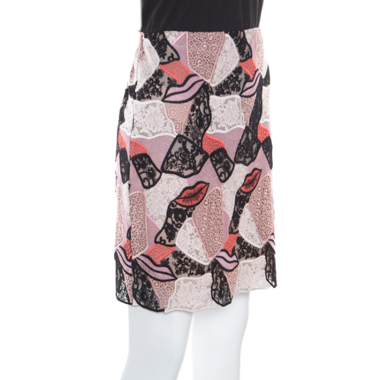 Pre Owned Emilio Pucci Multicolor Lips Macrame Patchwork Silk Lined Pencil Skirt S