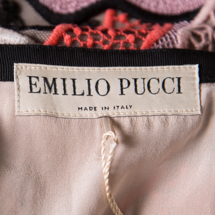 Pre Owned Emilio Pucci Multicolor Lips Macrame Patchwork Silk Lined Pencil Skirt S