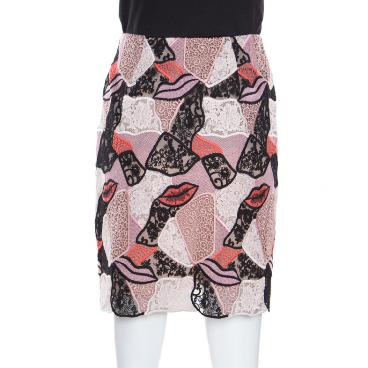 Pre Owned Emilio Pucci Multicolor Lips Macrame Patchwork Silk Lined Pencil Skirt S