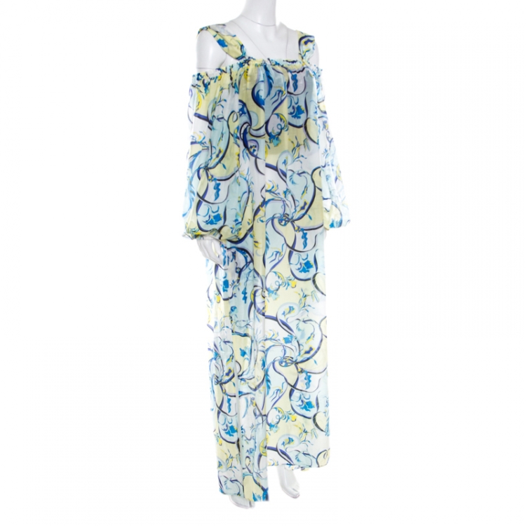 Pre Owned Emilio Pucci Blue and Yellow Printed Cotton Silk Cold Shoulder Tie Detail Dress L