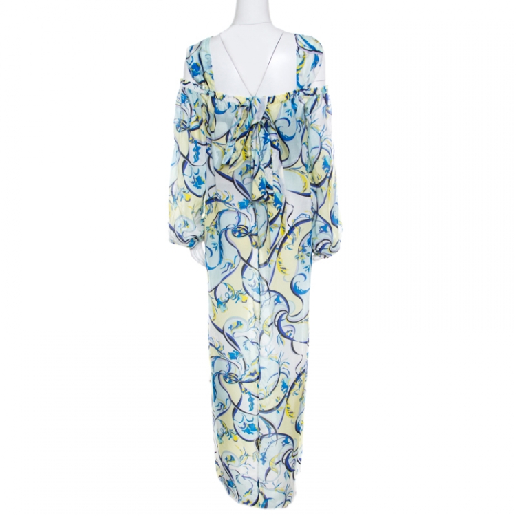 Pre Owned Emilio Pucci Blue and Yellow Printed Cotton Silk Cold Shoulder Tie Detail Dress L
