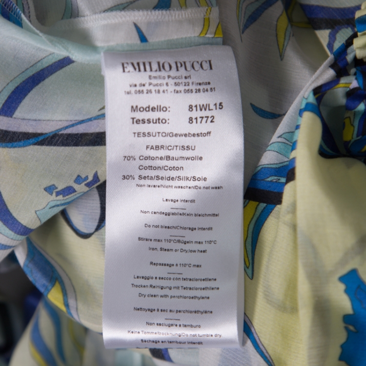 Pre Owned Emilio Pucci Blue and Yellow Printed Cotton Silk Cold Shoulder Tie Detail Dress L