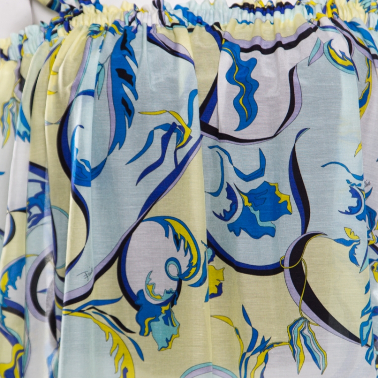 Pre Owned Emilio Pucci Blue and Yellow Printed Cotton Silk Cold Shoulder Tie Detail Dress L