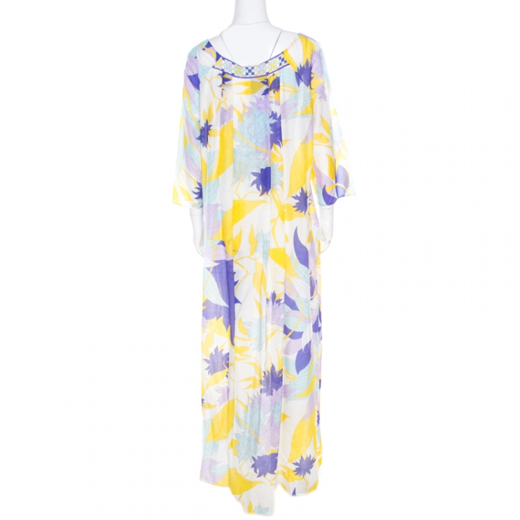 Pre Owned Emilio Pucci Multicolor Leaf Printed Cotton and Silk Dress L
