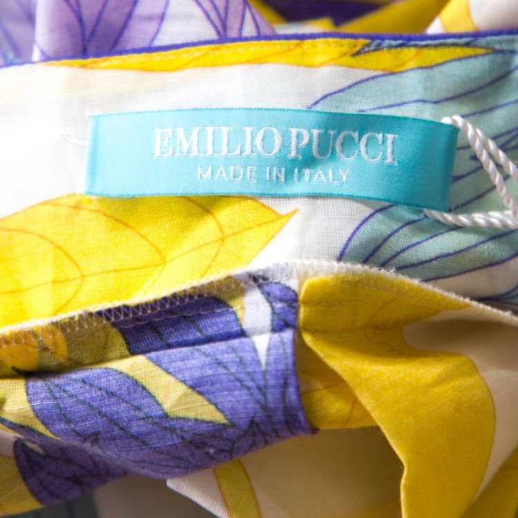 Pre Owned Emilio Pucci Multicolor Leaf Printed Cotton and Silk Dress L