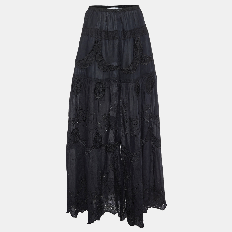 Pre Owned Emilio Pucci Black Broderie Anglaise Cotton Maxi Skirt S
