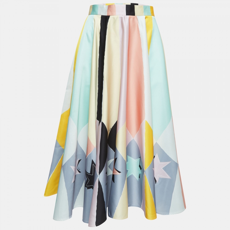 Pre Owned Emilio Pucci Archivio  Multicolor Printed Satin Flared Maxi Skirt M