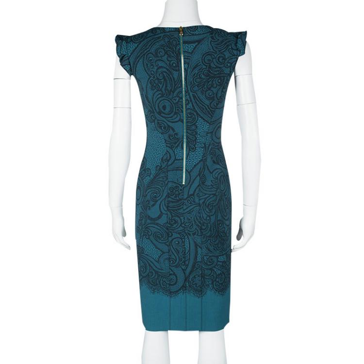 Pre Owned Emilio Pucci Blue Paisley and Net Print Ruffled Sleeve Wool Dress S