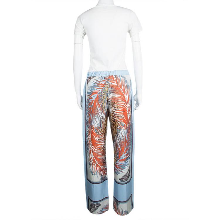 Pre Owned Emilio Pucci Blue Feather Printed Silk Wide Leg Pants M
