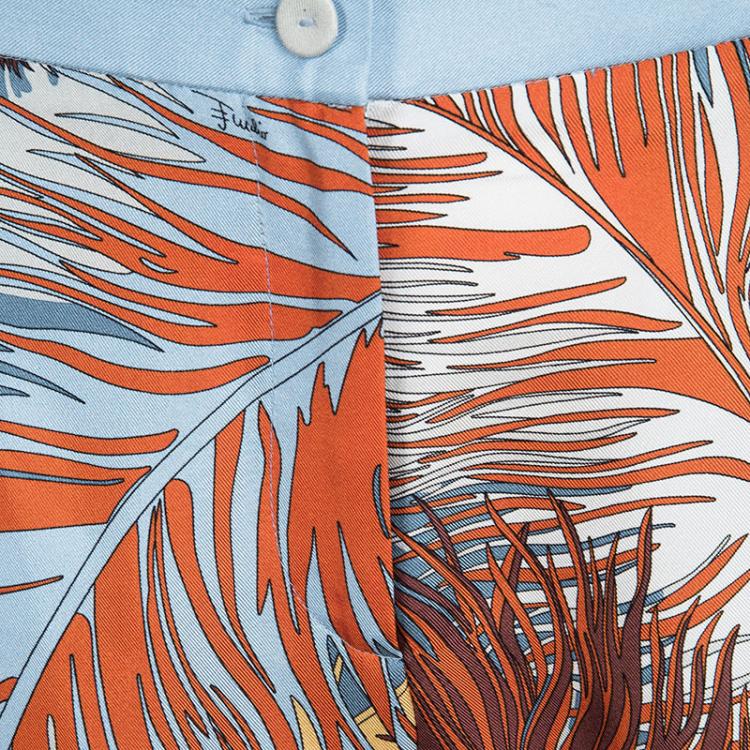 Pre Owned Emilio Pucci Blue Feather Printed Silk Wide Leg Pants M