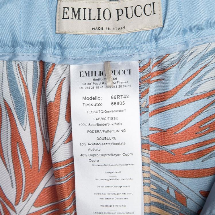 Pre Owned Emilio Pucci Blue Feather Printed Silk Wide Leg Pants M