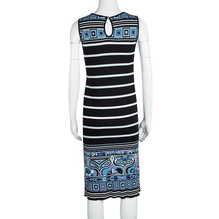 Pre Owned Emilio Pucci  Black Printed Striped Knit Sleeveless Dress M