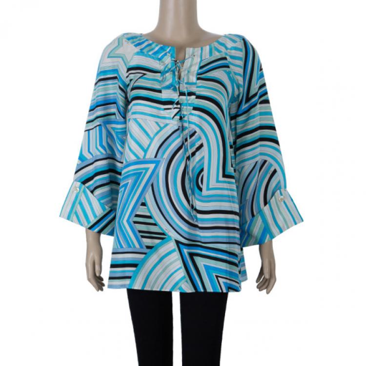 Pre Owned Emilio Pucci Turquoise Long Sleeve Blouse M