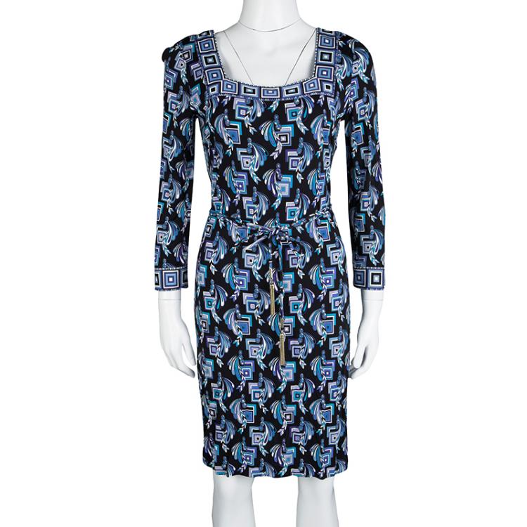 Pre Owned Emilio Pucci Multicolor Printed Belted Long Sleeve Dress M