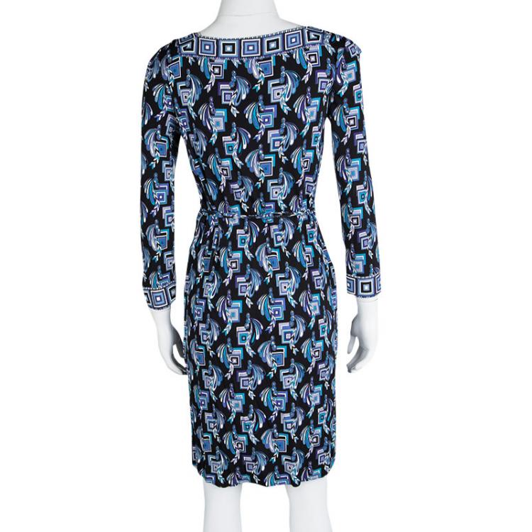 Pre Owned Emilio Pucci Multicolor Printed Belted Long Sleeve Dress M