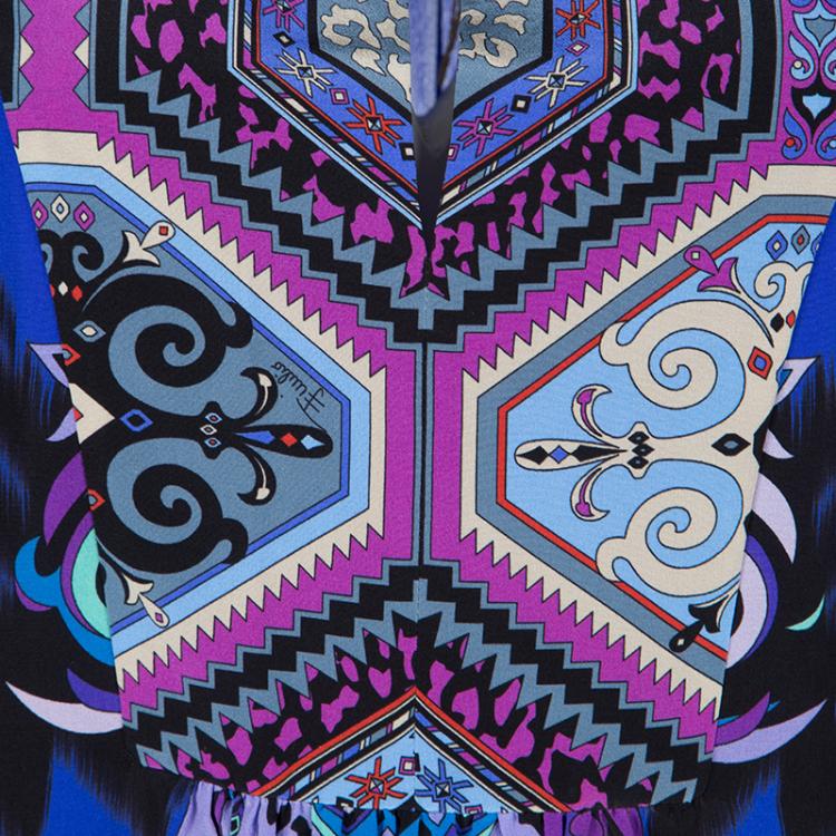 Pre Owned Emilio Pucci Multicolor Printed Silk Long Sleeve Dress L