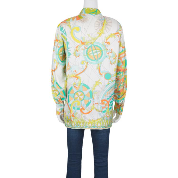 Pre Owned Emilio Pucci Multicolor Printed Silk Long Sleeve Button Front Blouse M