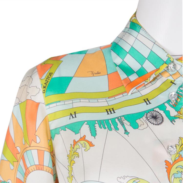 Pre Owned Emilio Pucci Multicolor Printed Silk Long Sleeve Button Front Blouse M