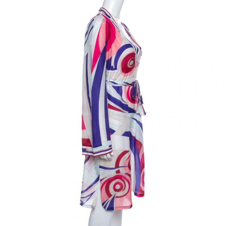 Pre Owned Emilio Pucci Multicolor Printed Cotton and Silk Voile Belted Tunic Dress M