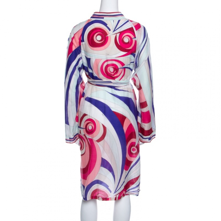 Pre Owned Emilio Pucci Multicolor Printed Cotton and Silk Voile Belted Tunic Dress M
