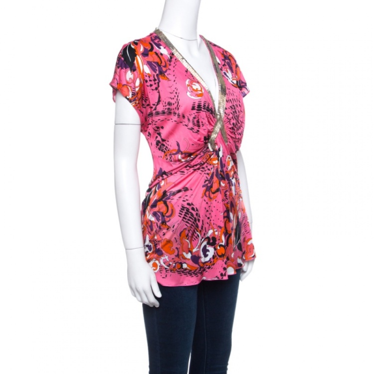 Pre Owned Emilio Pucci Multicolor Printed Knit Embellished Ruched Front Top L