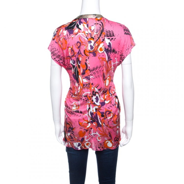 Pre Owned Emilio Pucci Multicolor Printed Knit Embellished Ruched Front Top L