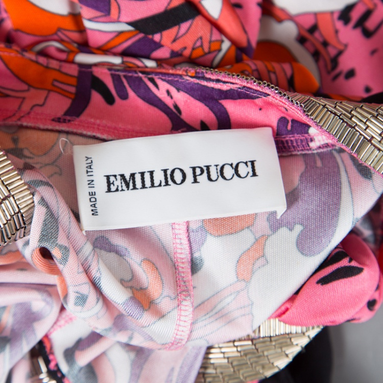 Pre Owned Emilio Pucci Multicolor Printed Knit Embellished Ruched Front Top L