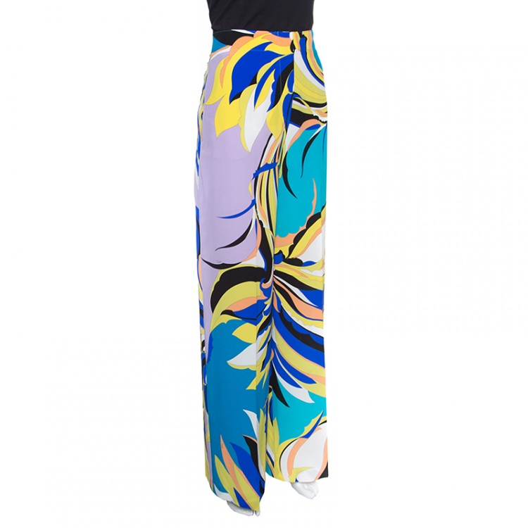 مملوكة مسبقًا Emilio Pucci Multicolor Floral Printed Silk Wide Leg Pants M