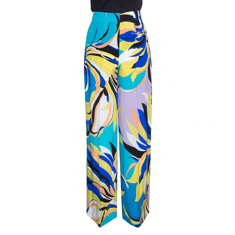 مملوكة مسبقًا Emilio Pucci Multicolor Floral Printed Silk Wide Leg Pants M