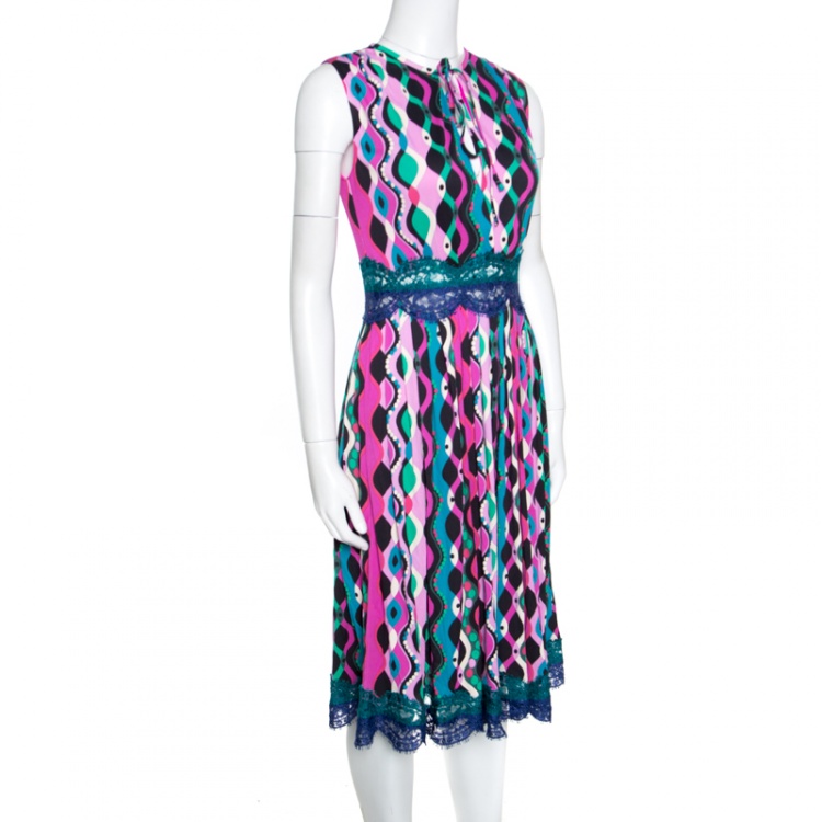 Pre Owned Emilio Pucci Multicolor Printed Scallop Lace Insert Sleeveless Midi Dress S