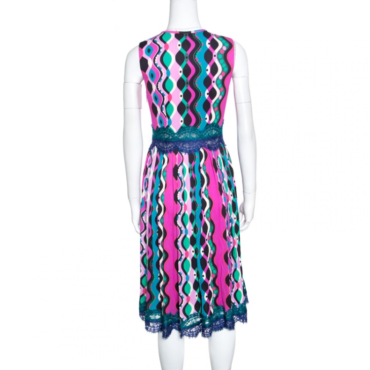 Pre Owned Emilio Pucci Multicolor Printed Scallop Lace Insert Sleeveless Midi Dress S