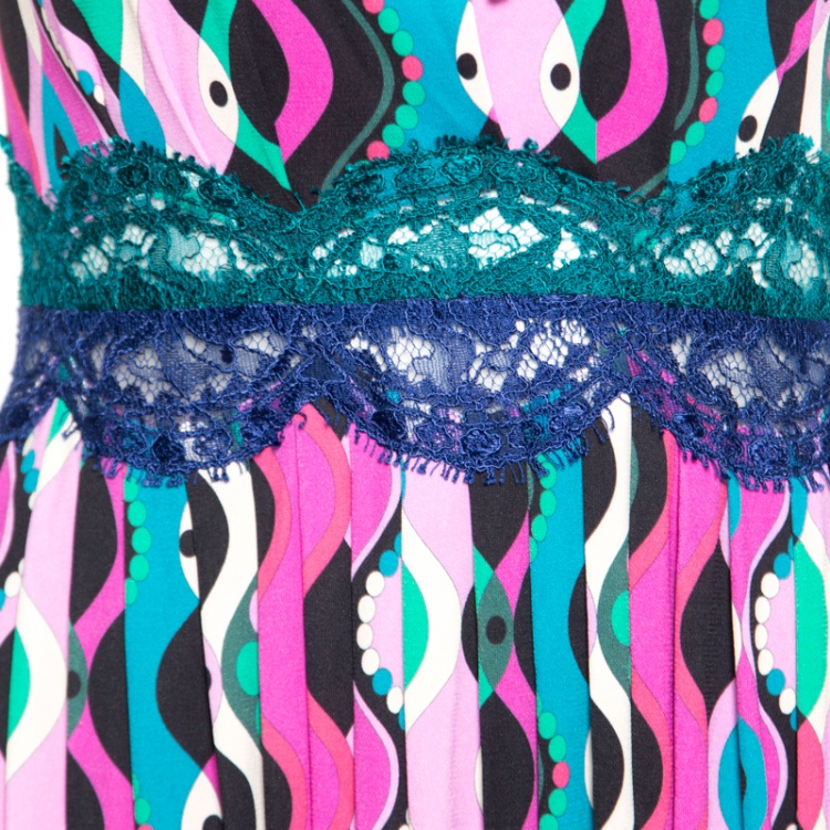 Pre Owned Emilio Pucci Multicolor Printed Scallop Lace Insert Sleeveless Midi Dress S