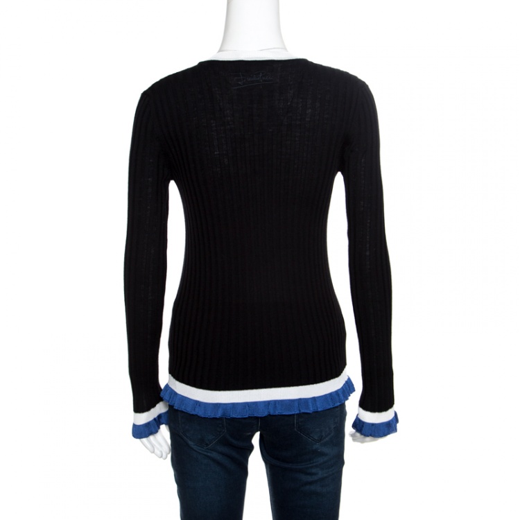 Pre Owned Emilio Pucci Black Ribbed Knit Contrast Ruffled Trim V-Neck Sweater M