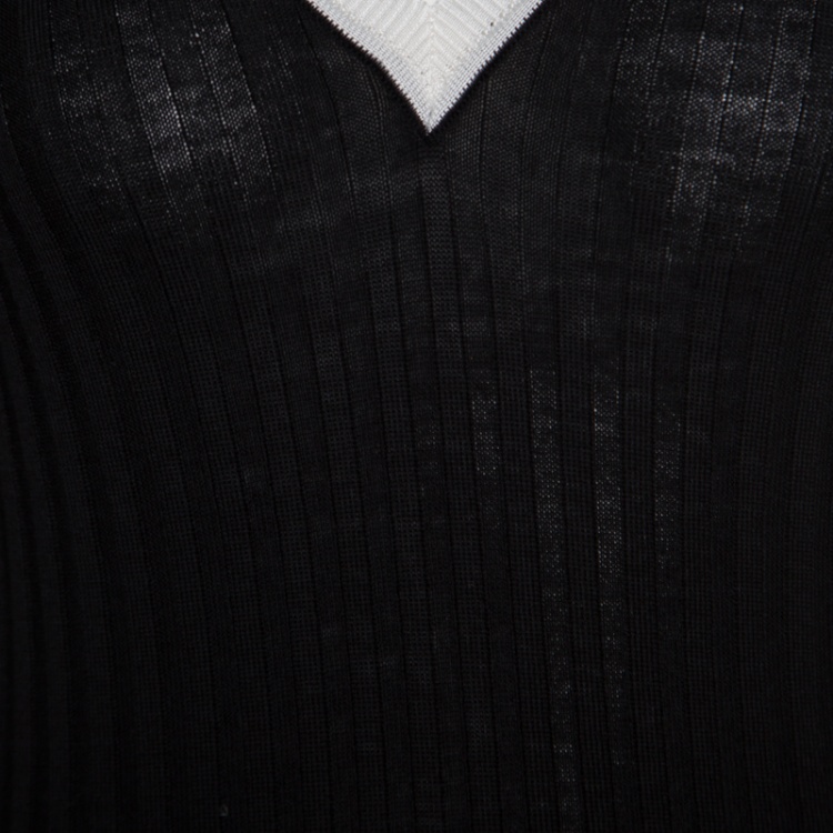 Pre Owned Emilio Pucci Black Ribbed Knit Contrast Ruffled Trim V-Neck Sweater M