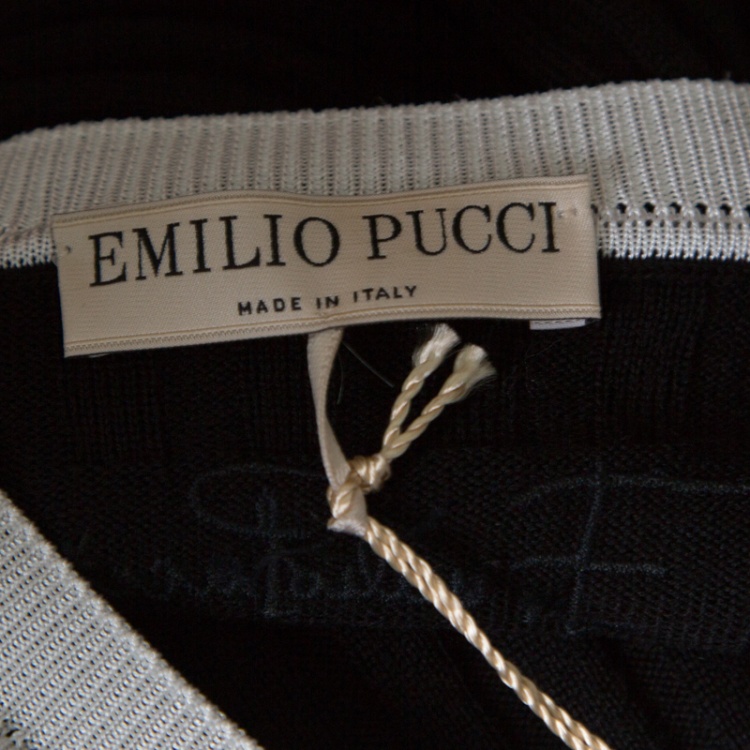 Pre Owned Emilio Pucci Black Ribbed Knit Contrast Ruffled Trim V-Neck Sweater M