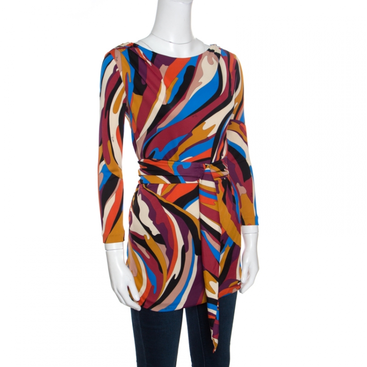 Pre Owned Emilio Pucci Multicolor Printed Knit Long Sleeve Belted Top M