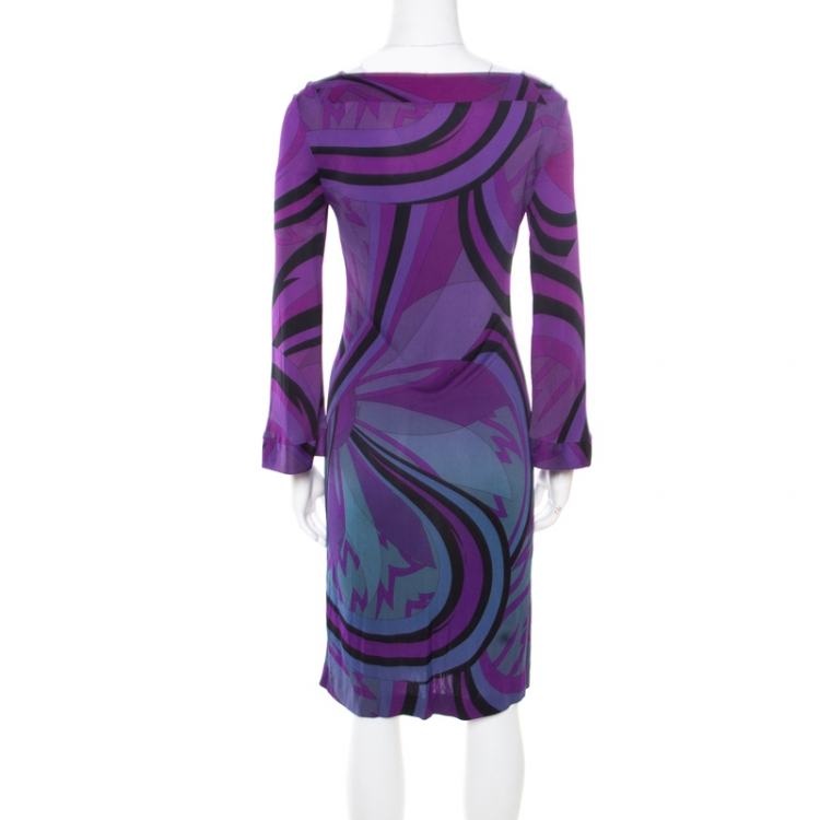 Pre Owned Emilio Pucci Purple Printed Jersey Square Neck Long Sleeve Dress M