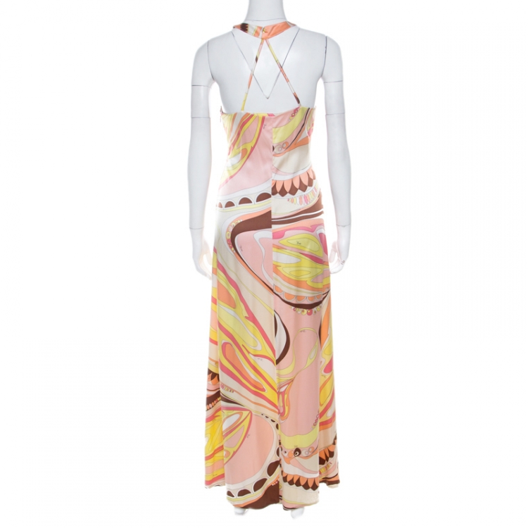 Pre Owned Emilio Pucci Firenze Multicolor Abstract Print Silk Maxi Halter Dress M
