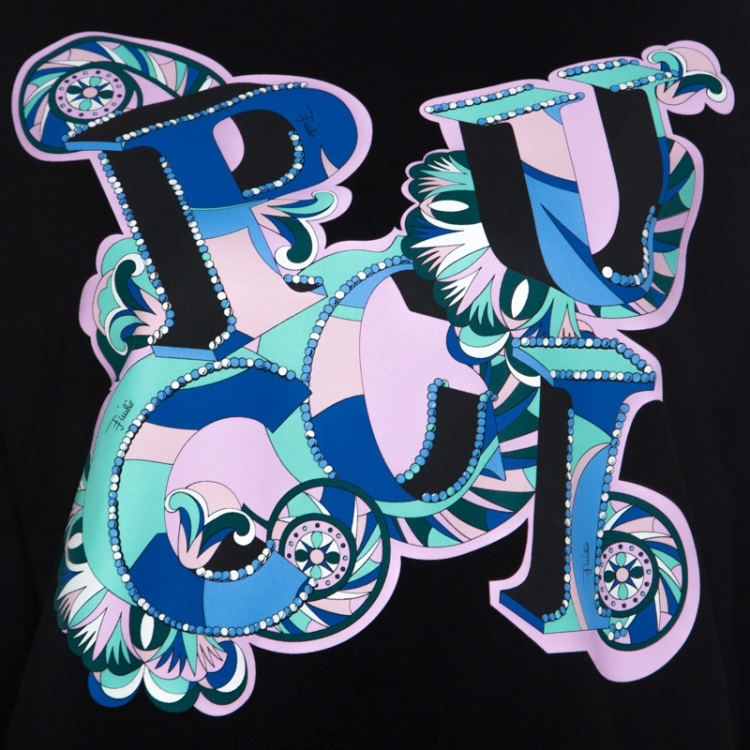 Pre Owned Emilio Pucci Black Cotton Knit Graphic Logo Print Sweatshirt L 