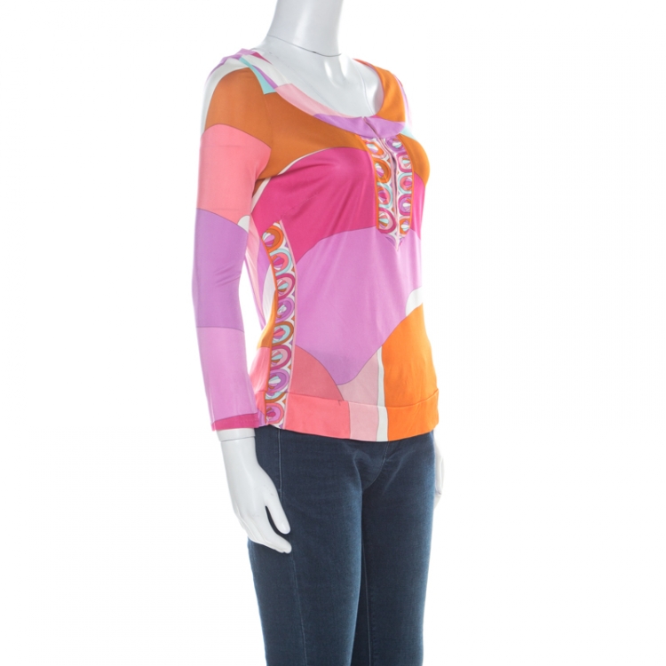 Pre Owned Emilio Pucci Multicolour Classic Print Three Quarter Sleeve Top S