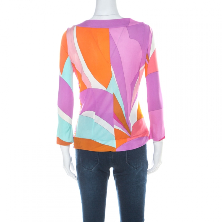 Pre Owned Emilio Pucci Multicolour Classic Print Three Quarter Sleeve Top S